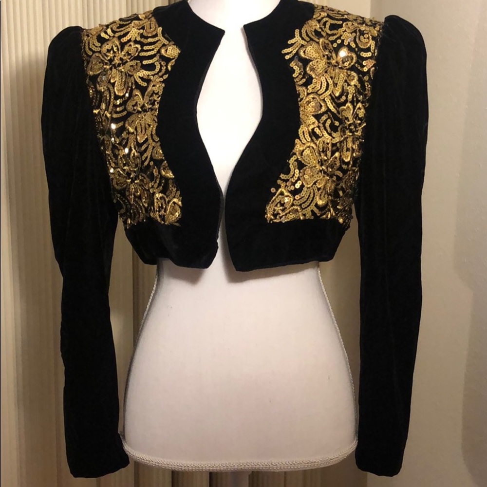 GORGEOUS Black Velvet Bolero with Gold Sequins